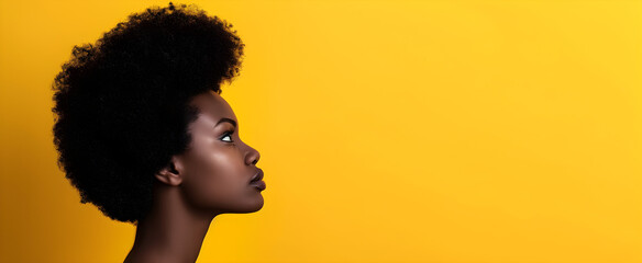 Celebrating Black History Month with an image of an African American woman on a yellow background, symbolizing empowerment and perseverance in the face of adversity. - obrazy, fototapety, plakaty