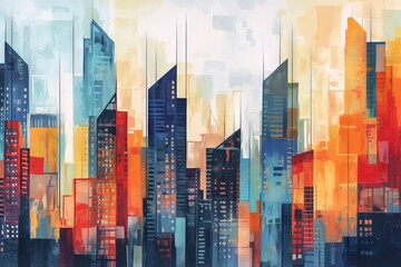 Artistic painting of skyscrapers: a photo of an abstract style cityscape panorama - Powered by Adobe
