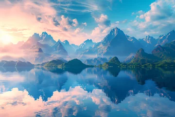 Crédence de cuisine en verre imprimé Réflexion panoramic fantasy landscape with reflecting mountains