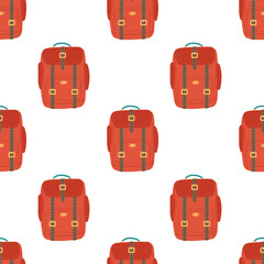 Seamless Backpack pattern. Travel, nikes, trips tourism, voyage or vacation background wallpaper, textile, wrapping. Traveler's luggage print. Sports bag. Model with pockets and belts. - obrazy, fototapety, plakaty