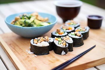 tempeh and avocado sushi rolls with soy sauce