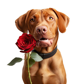 Charming red-haired vizsla dog with eyes closed holds a red rose in his mouth as a gift for Valentine's Day on a white background