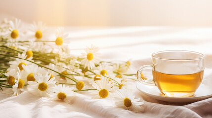 Obraz na płótnie Canvas Chamomille tea with medical daisy flowers, transparent cup on table in morning light