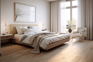 a modern bedroom with a green accent wall. The bed has white bedding and a gray throw blanket. The headboard is made of wood and there are two pendant lights hanging above the nightstands.
