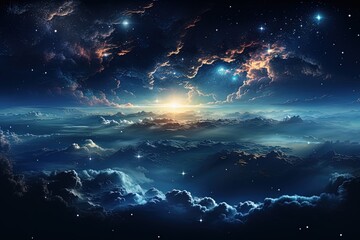 the blue sky and stars, in the style of space art, matte background, nightscapes, light indigo, high detailed, dark sky-blue, mesmerizing colorscapes