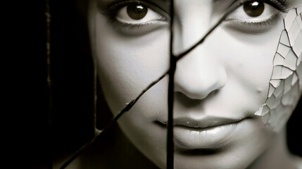 Shattered Reflection, A Captivating Close-Up of a Womans Face Through Broken Glass