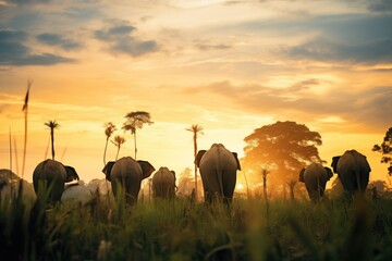 elephant herd silhouetted against jungle sunset - obrazy, fototapety, plakaty