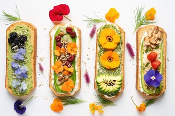 top view of a row of avocado toasts with diverse toppings