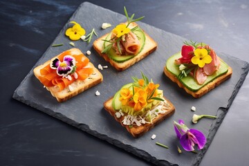 trio of mini avocado toasts with various toppings on a slate