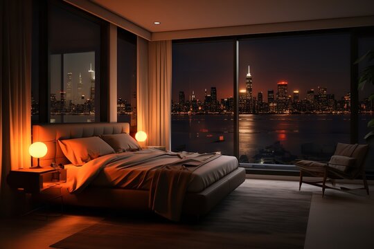 A Modern Bedroom With A Large Window. The Room Has An Orange Accent Wall And A Gray Rug. The Bed Is A Black Platform Bed With A Gray Comforter And Yellow Throw Pillows