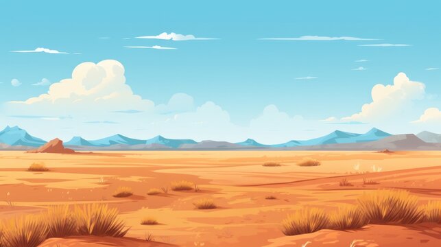 Fototapeta Steppe, desert landscape illustration in cartoon style. Scenery abstract background for game
