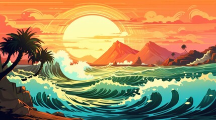 Tsunami wave in the sea coast, sunset landscape illustration in cartoon style. Scenery background