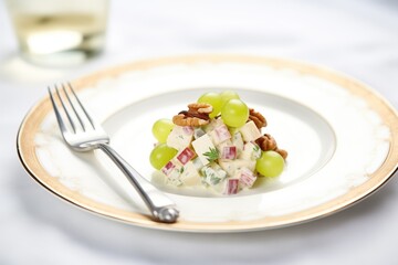 single serving of waldorf salad with a fork on a porcelain dish