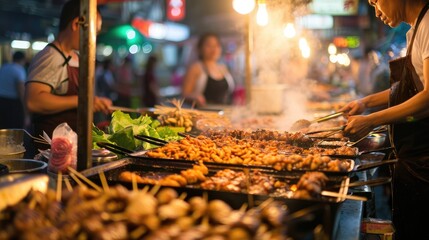 A man prepares food at a street market in Thailand, creating an atmosphere of delight