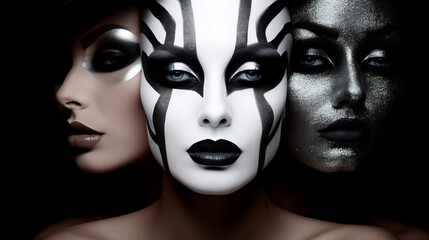 Enchanting Trio, A Captivating Display of Three Women With Ornately Painted Faces