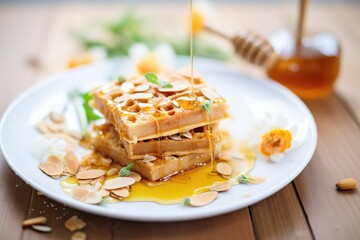 waffles on a white plate with honey drizzle and almond slivers