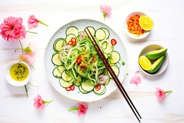 overhead shot of zucchini noodles with avocado and radish slices