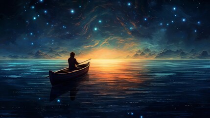 Boy exploring the starry night sea with a glowing boat, digital art illustration