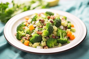 garnished broccoli raisin salad with parsley flakes - obrazy, fototapety, plakaty