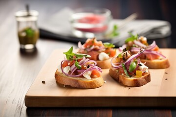 Fototapeta na wymiar mix of bruschetta, some with white cheese, some with red onion