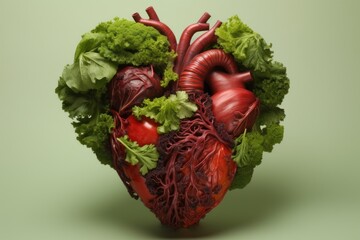 vegetables,nuts and fruit shaped like a human heart to illustrate healthy eating equals healthy living