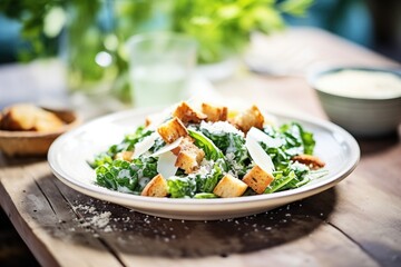 rustic caesar salad with wholemeal croutons - obrazy, fototapety, plakaty