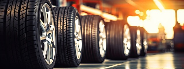 Tire changing tire repair car service shop background banner, close-up of auto mechanic hand on tire in automobile fixing garage - obrazy, fototapety, plakaty