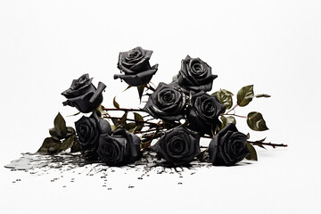 Roses covered with oil,  crude oil contamination. Environmental impact concept, white background. AI generative image.