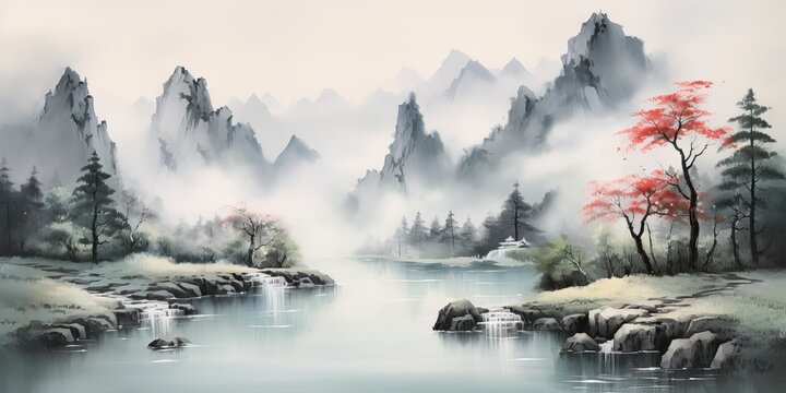 Chinese ink and water landscape painting: a photo of a traditional and elegant art form inspired by nature