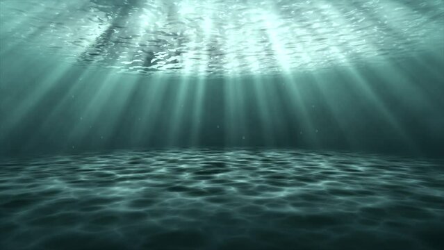 Underwater ocean sandy seafloor 3D animation motion graphics reflection sun rays on sandbar visual effect background teal dark