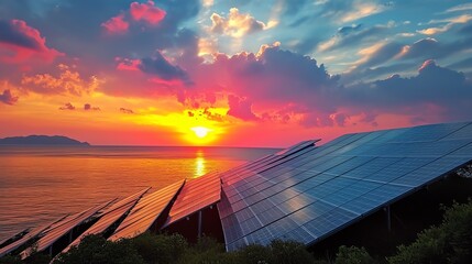 view of solar panels in the afternoon - obrazy, fototapety, plakaty