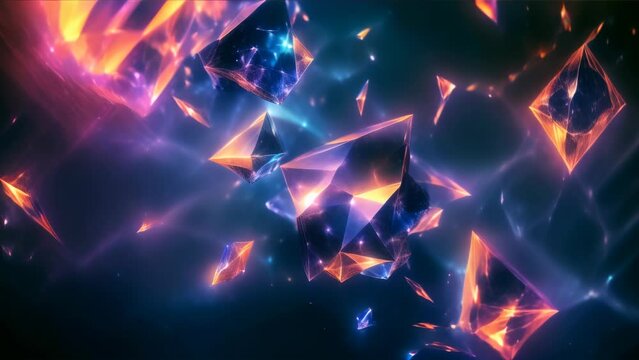 Multifaceted, glowing gem-like polyhedrons rise within a cosmic nebula, emitting a fantastical light.
