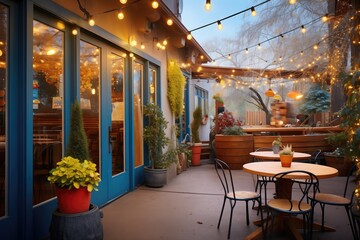 outdoor patio of coffee shop with string lights and plants