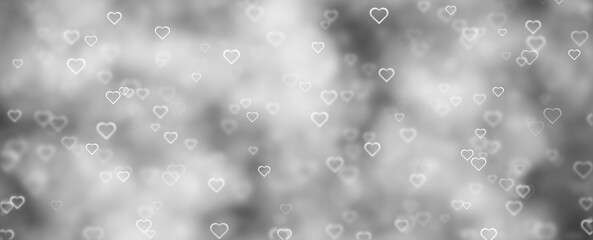Glowing silver white bokeh with hearts illustration background.