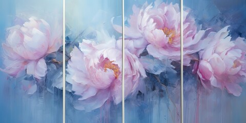 Collection of designer oil paintings with pink peonies on an abstract blue background. Modern abstract art on canvas for interior decoration