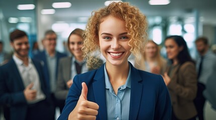 Smiling businesswoman showing thumbs up with colleagues.