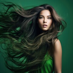 Beautiful young woman with long flying hair.