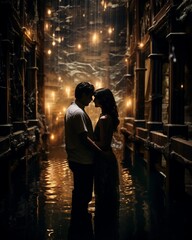 Couple embracing beneath lights