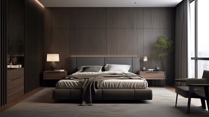 a modern bedroom. The room has a large bed with a gray headboard and white linens. The walls are made of wood panels and there is a window with a view.