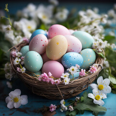 Fototapeta na wymiar Easter eggs of different colors in wicker basket on blue background. Easter eggs in pastel colors.