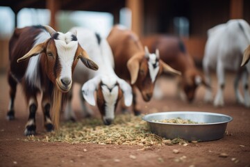 group of goats at a feeding station with pellets