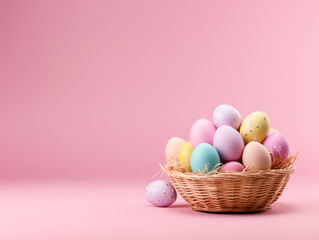 Fototapeta na wymiar Easter eggs of different colors in wicker basket on white background. Easter eggs in pastel colors.