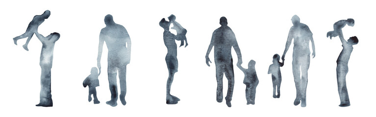 Watercolor border with silhouettes of people. Brush strokes in the form of blue silhouettes of people,Silhouette of family on white background.