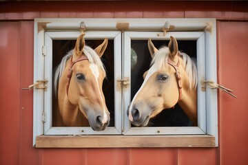 palomino stallions head through open window - obrazy, fototapety, plakaty