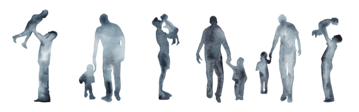 Watercolor border with silhouettes of people. Brush strokes in the form of blue silhouettes of people,Silhouette of family on white background.