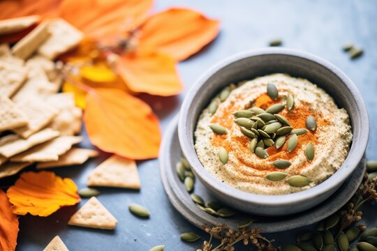 Pumpkin Hummus With Cinnamon Dust And Pumpkin Seeds On Top