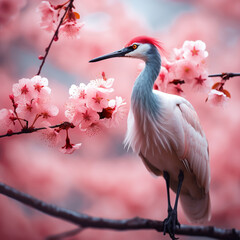 Stork on branch of blossoming sakura tree, pink background.