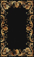 Opulent rectangular gold frame border adorned with luxurious floral patterns, inspired by the lavishness of Western opulence from the Middle Ages, isolated on a black background