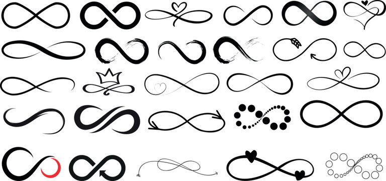 Infinity symbols vector set, black elegant curves. Perfect for logo design, branding, wedding invitations. Variety in line thickness, adorned with hearts, crowns, paw print