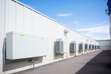 row of large outdoor industrial cooling units against a facility wall